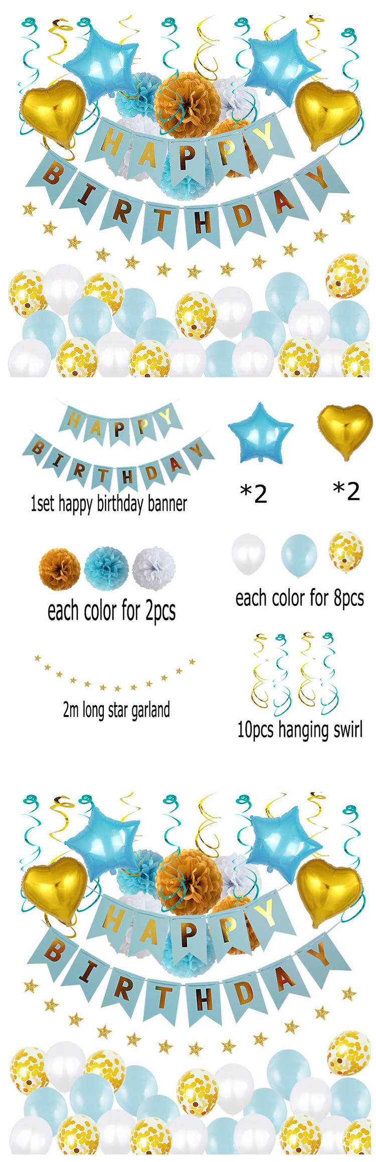 PAFU Blue And Gold Birthday Party Supplies Happy Birthday Banner Star Garland Confetti Balloons Birthday Party Decoratio