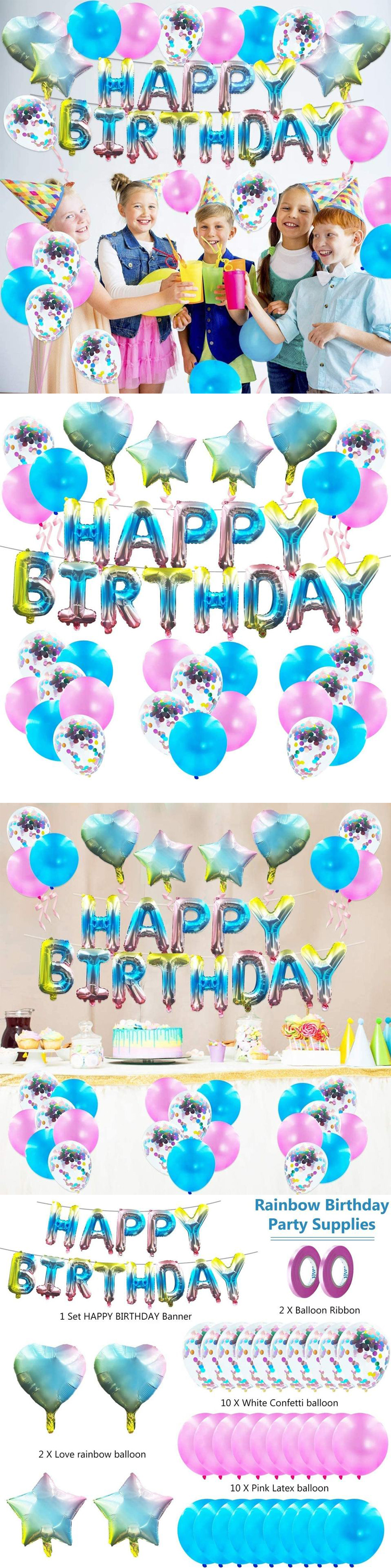 PAFU Birthday Party Supplies Rainbow Happy Birthday Foil Balloon Pink Blue Confetti Balloons Happy Birthday Party Decora