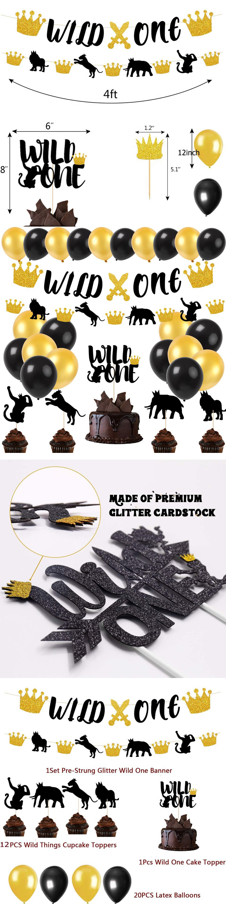 PAFU Wild One Party Supplies Glitter Wild One Banner With Arrow Cake Topper Black Gold Balloons 1st Birthday Decorations