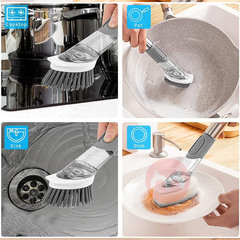 kuaer 4 in 1 Stainless Steel Handle Multifunctional Sponge plastic Pot Pan Sink Dish Cleaning Brush Soap Dispenser dish 