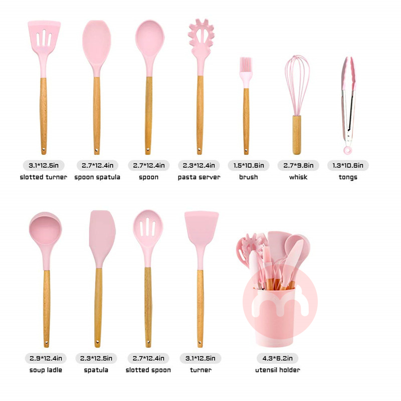 BROADSEAL 11 Pcs Kitchen Spoon Soup Ladle Slotted Turner Whisk Tongs Brush Pasta Server Silicone Cooking Utensil Set wit