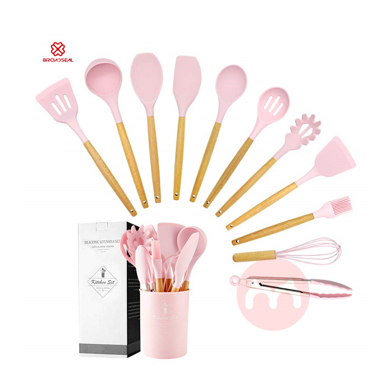 BROADSEAL 11 Pcs Kitchen Spoon Soup Ladle Slotted Turner Whisk Tongs Brush Pasta Server Silicone Cooking Utensil Set wit