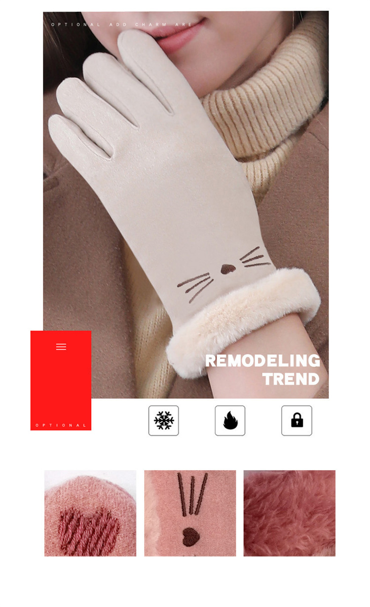 YIWU HAOHAO Lovely winter warm cycling women WATERPROOF CYCLING driving cycling gloves cat pattern embroidery touch scre