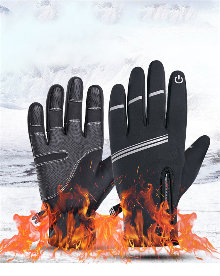 YIWU HAOHAO Men's winter warm velvet thickened ski gloves windproof waterproof bicycle gloves zipper touch screen leathe