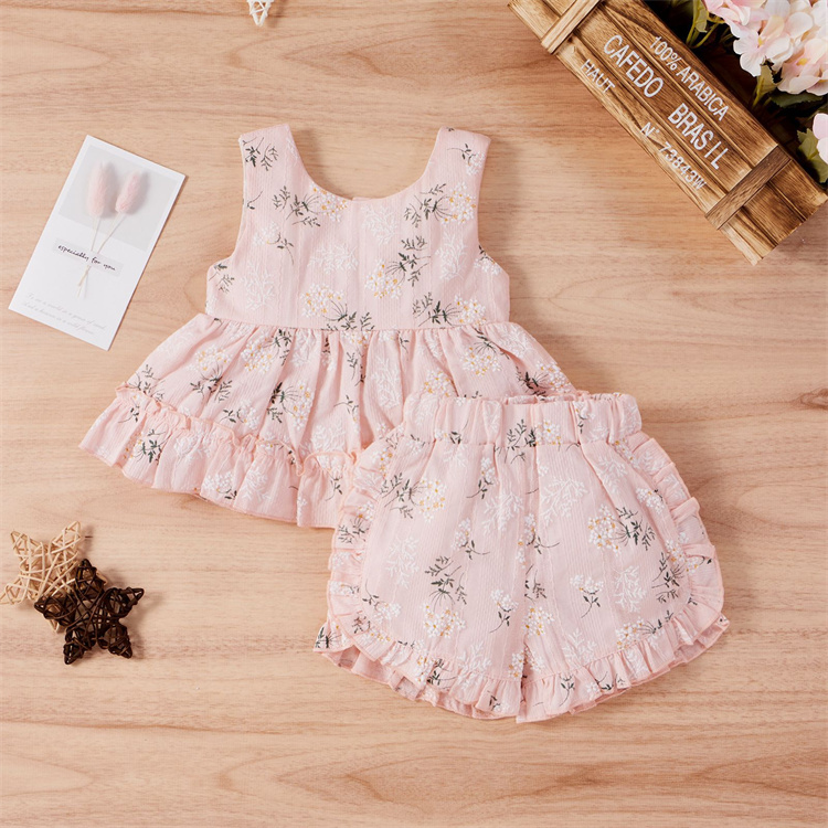 JINXI A girl's dress set of sleeveless, sweet printed shorts with ruffled edges