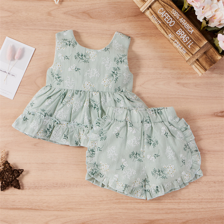 JINXI A girl's dress set of sleeveless, sweet printed shorts with ruffled edges