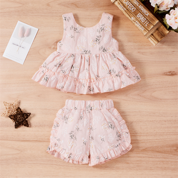 JINXI A girl's dress set of sleeveless, sweet printed shorts with ruffled edges