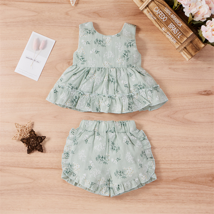 JINXI A girl's dress set of sleeveless, sweet printed shorts with ruffled edges