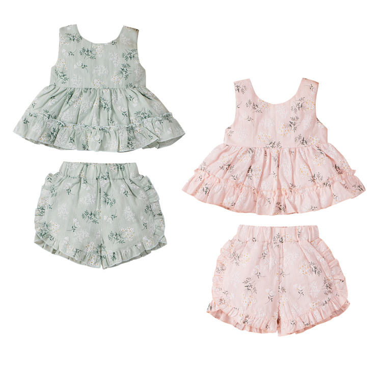 JINXI A girl's dress set of sleeveless, sweet printed shorts with ruffled edges