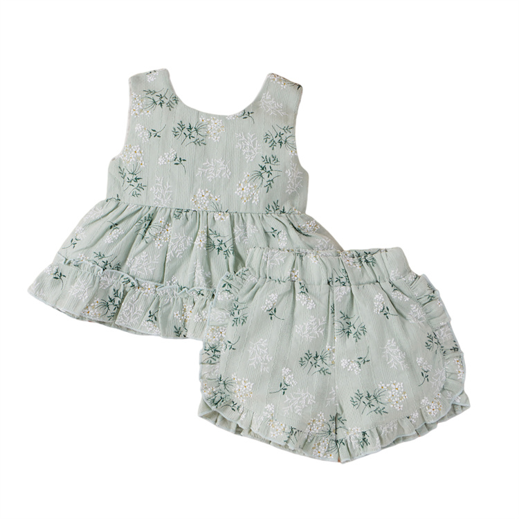 JINXI A girl's dress set of sleeveless, sweet printed shorts with ruffled edges