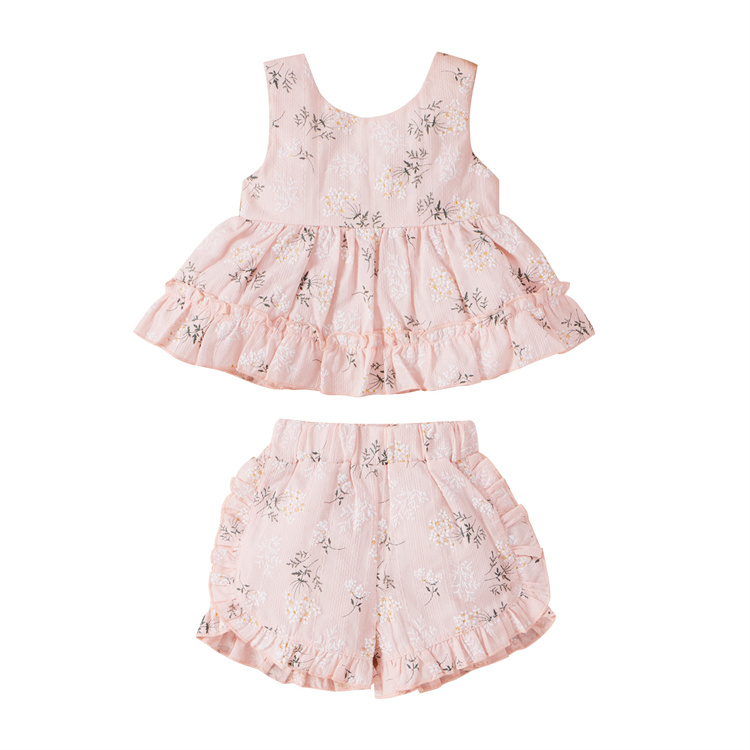 JINXI A girl's dress set of sleeveless, sweet printed shorts with ruffled edges