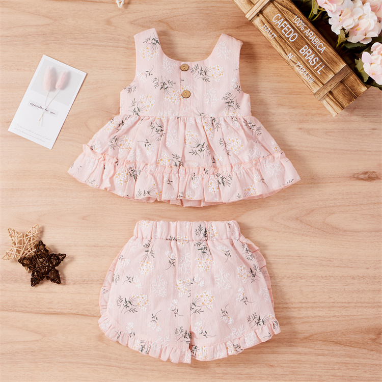 JINXI A girl's dress set of sleeveless, sweet printed shorts with ruffled edges