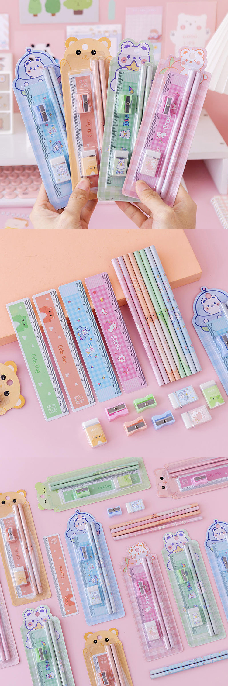 [5 sets]Creative stationery group animal cute cartoon pencil ruler