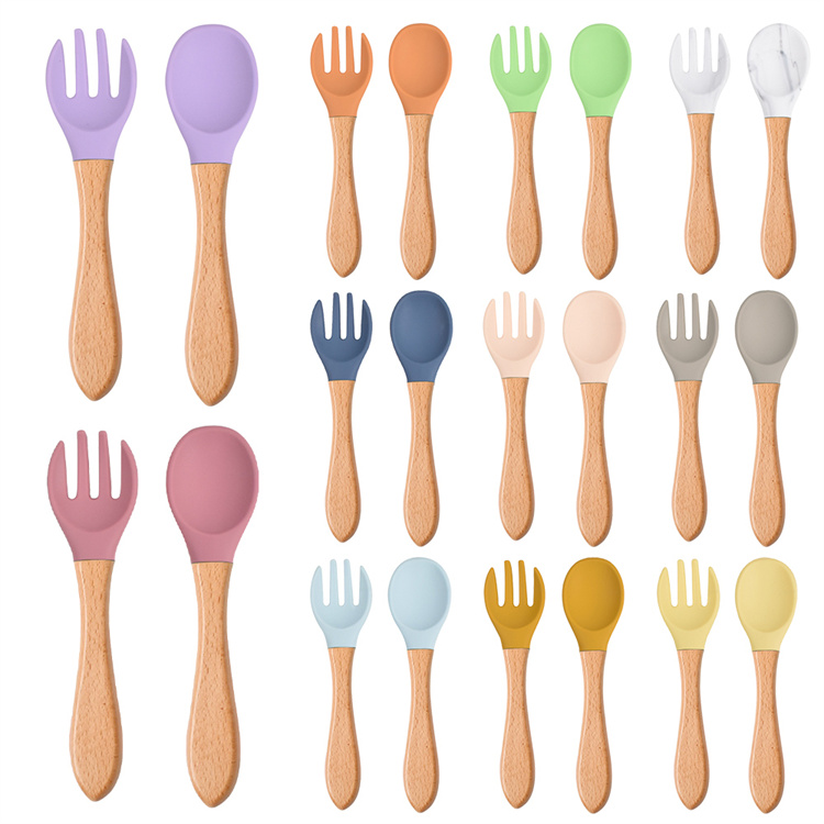 Children s tableware wooden handle silica gel spoon fork set