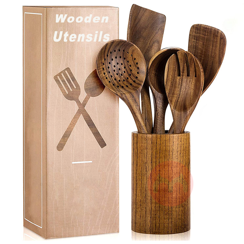 Amazon Hot Sale Custom Kitchen Acacia Wood Utensils Set Cooking Tools Spoon Spatula Teak Wooden Utensils Set