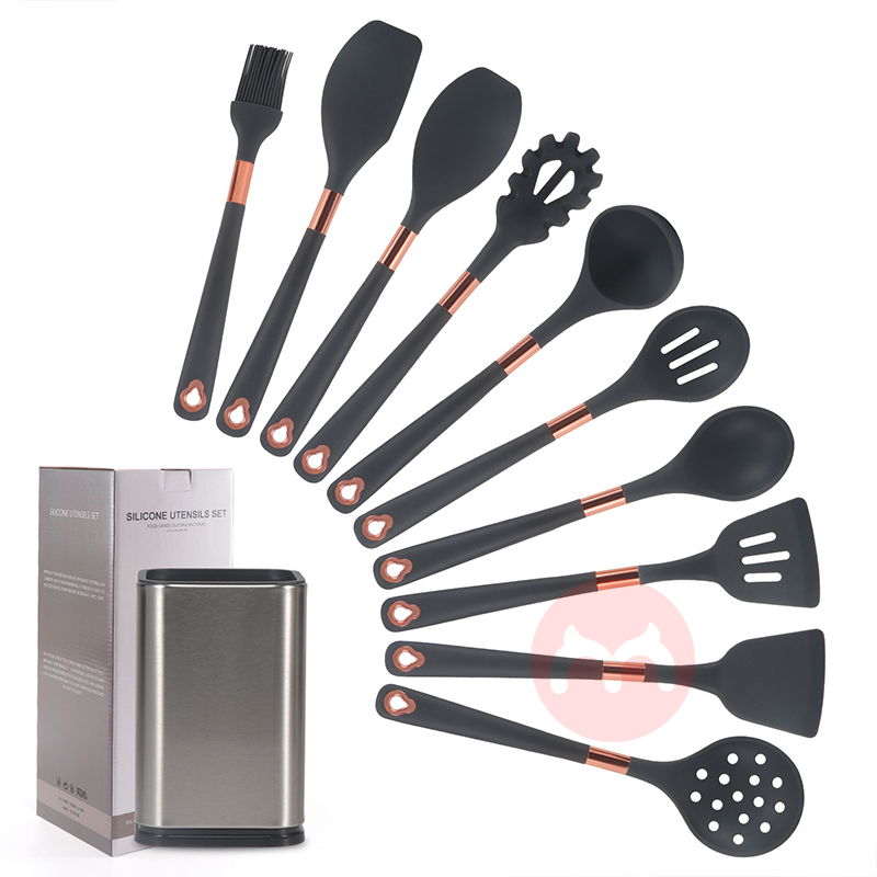 YC High Quality 10 Pcs Rose Gold Kitchen Utensils Food Grade Silicone Cookware Set With Storage Bucket