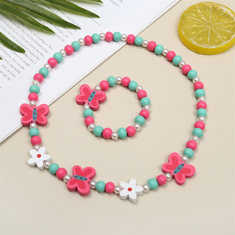 Flower butterfly bird children's Wooden Bead Bracelet Necklace