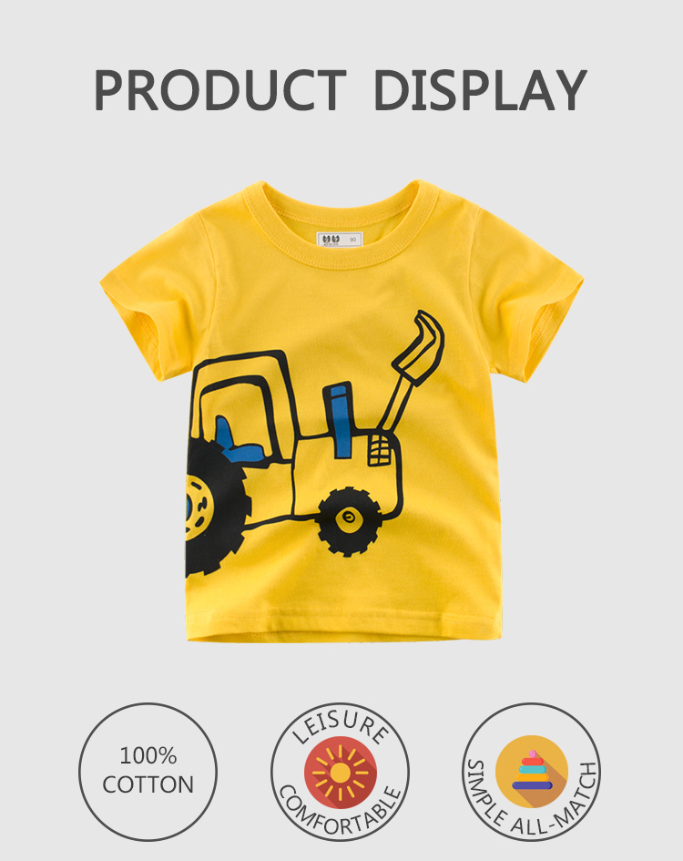 27kids Yellow printed car cartoon short-sleeved T-shirt