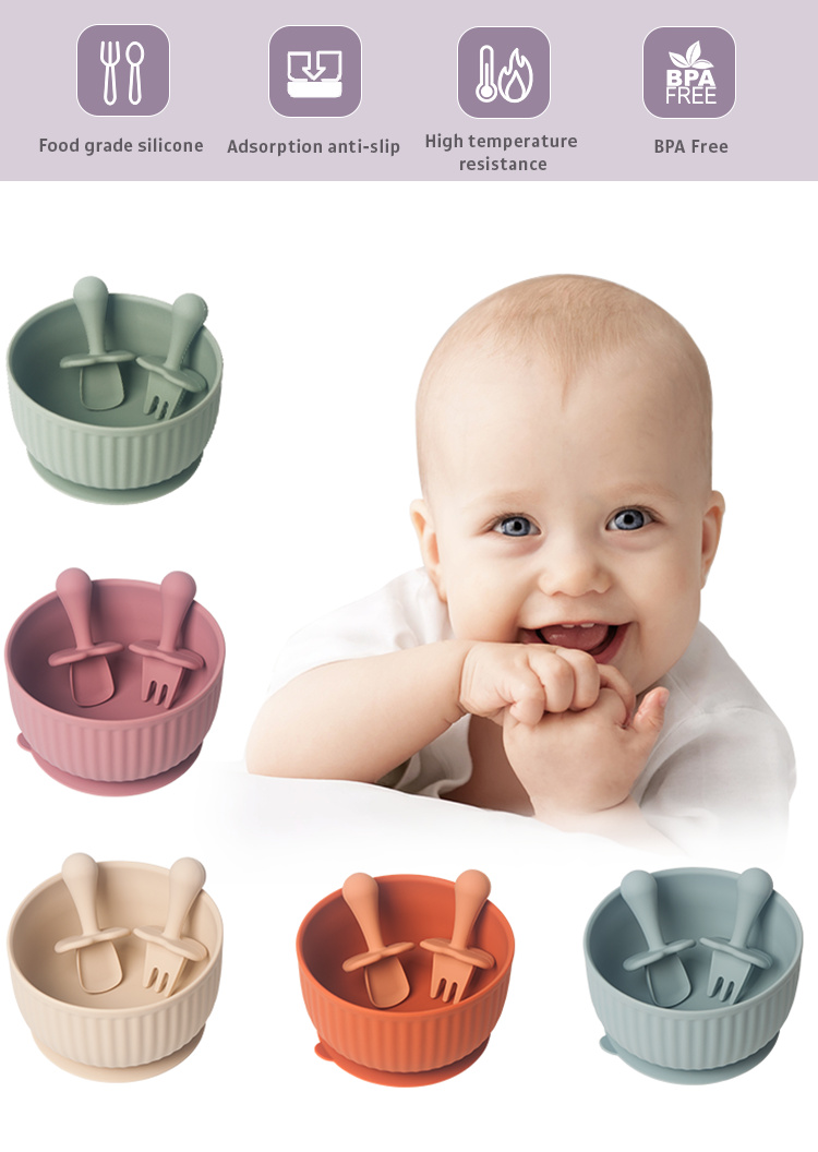 Baby silicone bowl suction cup spoon fork set