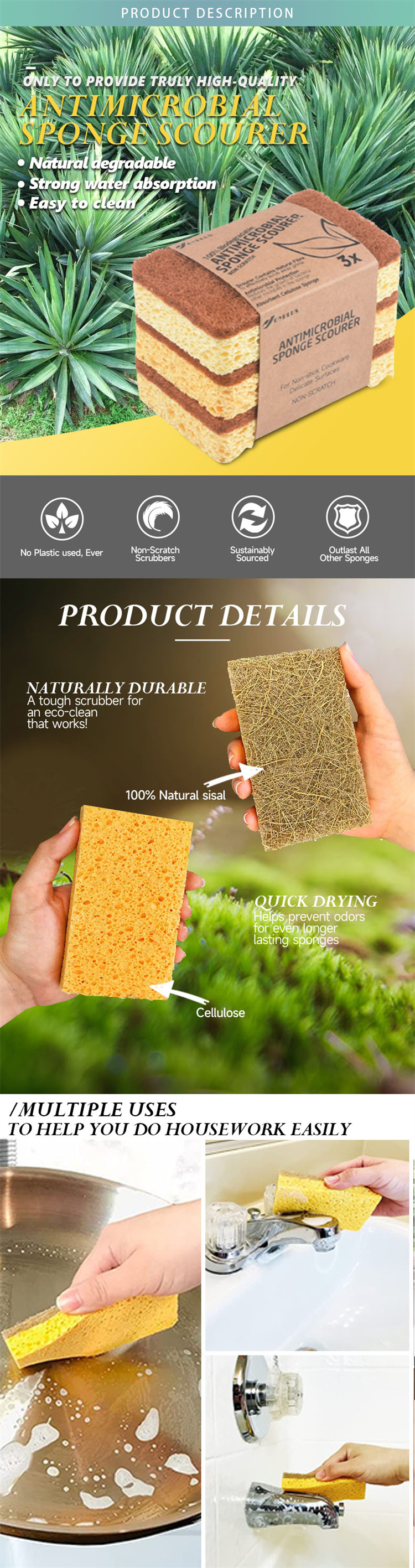 Kitchen natural wood pulp cleaning sponge