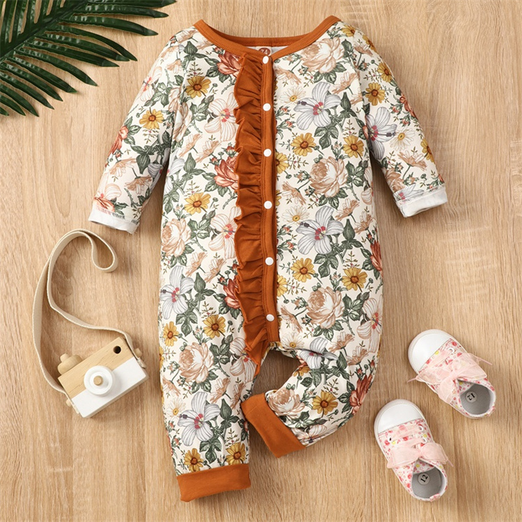 Mengtaiqi Spring and autumn flower print lotus leaf edge single breasted long-sleeved baby jumpsuit