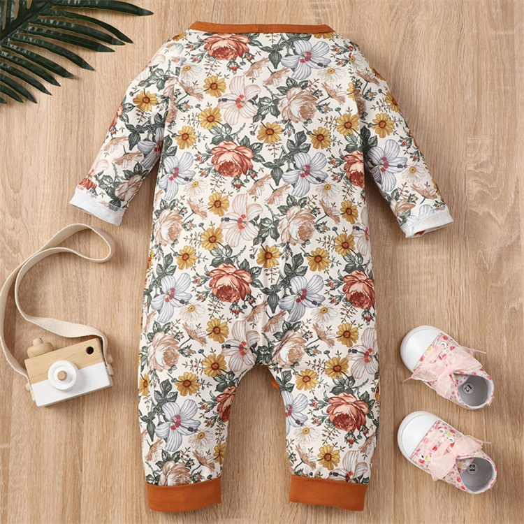 Mengtaiqi Spring and autumn flower print lotus leaf edge single breasted long-sleeved baby jumpsuit