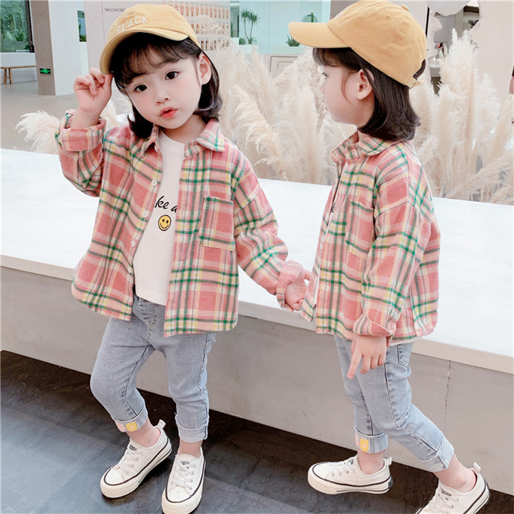 Others Long sleeved pink plaid baby shirt